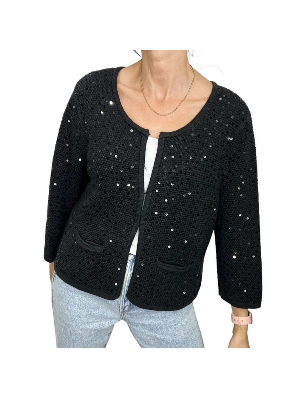 Windsmoor black cotton blend sequin cropped 3/4 sleeve cardigan sweater L